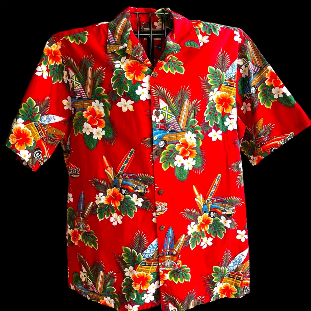 Hilo Hattie Hawaiian Shirt 2XL Red Floral Surf Car Aloha Camp Button Front